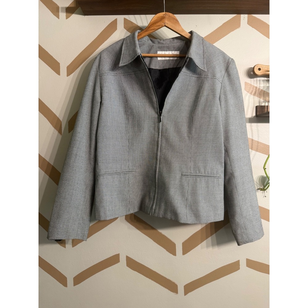 Norton McNaughton Blazer Women Size 10 White Black Zip Front Houndstooth Vintage